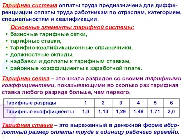 Основные элементы тарифной системы: базисные тарифные сетки, тарифные ставки, тарифно-квалификационные