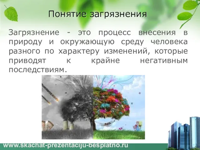 Понятие загрязнения Загрязнение - это процесс внесения в природу и