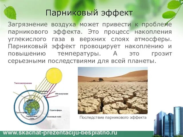 Парниковый эффект Загрязнение воздуха может привести к проблеме парникового эффекта.