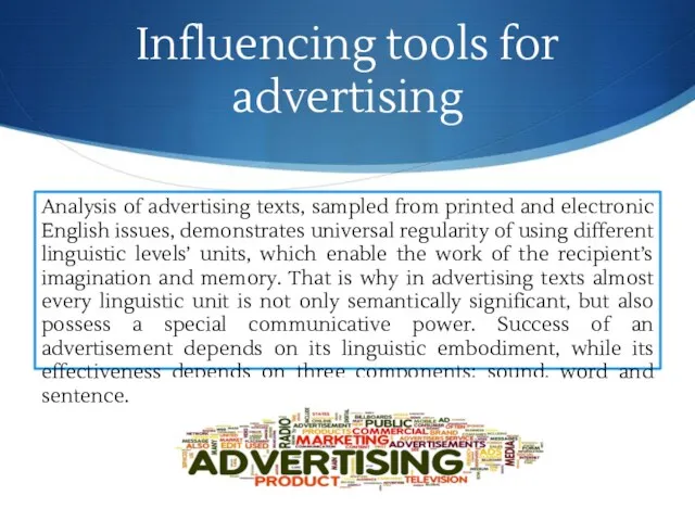 Analysis of advertising texts, sampled from printed and electronic English