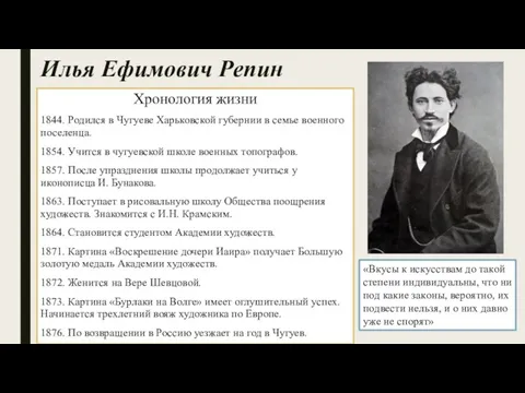 Илья Ефимович Репин Хронология жизни 1844. Родился в Чугуеве Харьковской губернии в семье