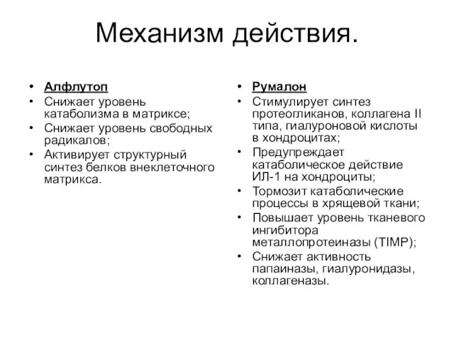 Механизм действия. Алфлутоп Снижает уровень катаболизма в матриксе; Снижает уровень свободных радикалов; Активирует