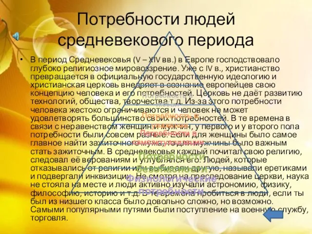 Потребности людей средневекового периода В период Средневековья (V – XIV