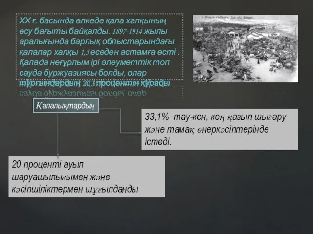 ХХ ғ. басында өлкеде қала халқының өсу бағыты байқалды. 1897-1914