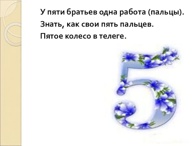 У пяти братьев одна работа (пальцы). Знать, как свои пять пальцев. Пятое колесо в телеге.