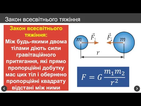 Закон всесвітнього тяжіння: Між будь-якими двома тілами діють сили гравітаційного