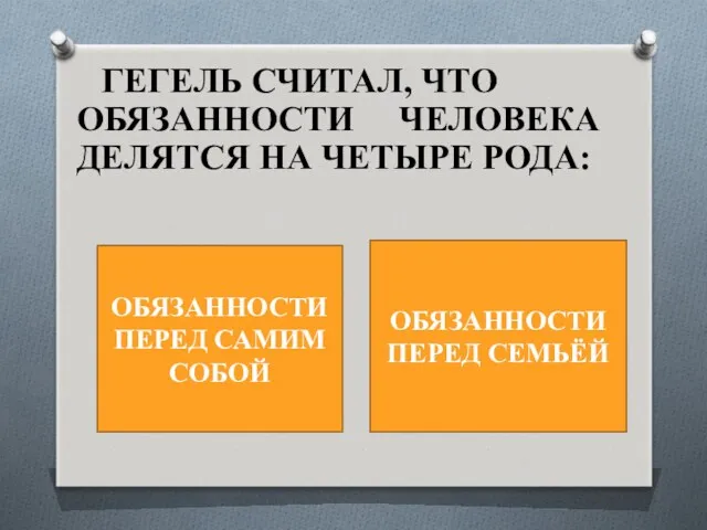 ГЕГЕЛЬ СЧИТАЛ, ЧТО ОБЯЗАННОСТИ ЧЕЛОВЕКА ДЕЛЯТСЯ НА ЧЕТЫРЕ РОДА: ОБЯЗАННОСТИ ПЕРЕД САМИМ СОБОЙ ОБЯЗАННОСТИ ПЕРЕД СЕМЬЁЙ