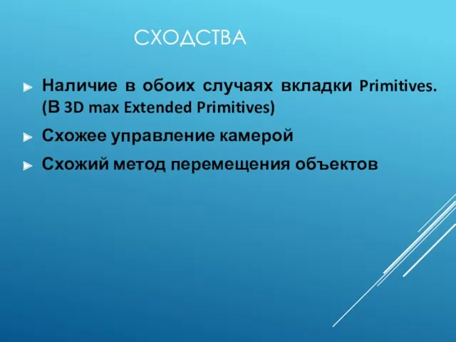 СХОДСТВА Наличие в обоих случаях вкладки Primitives. (В 3D max