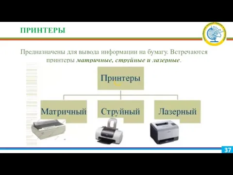 ПРИНТЕРЫ Предназначены для вывода информации на бумагу. Встречаются принтеры матричные, струйные и лазерные.