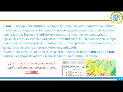 Слой – набор однотипных векторных графических данных: точечных, линейных, площадных.