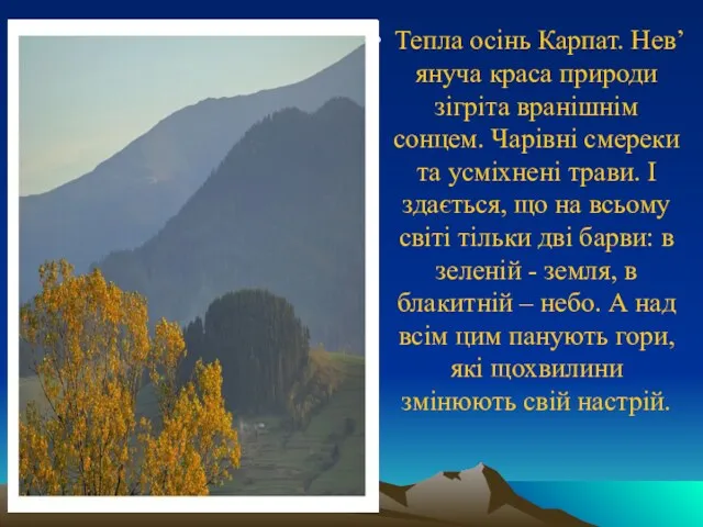 Тепла осінь Карпат. Нев’януча краса природи зігріта вранішнім сонцем. Чарівні