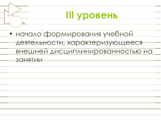 III уровень начало формирования учебной деятельности, характеризующееся внешней дисциплинированностью на занятии