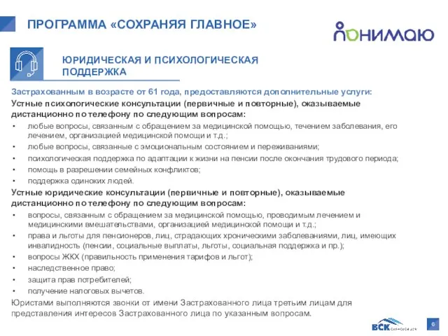 Застрахованным в возрасте от 61 года, предоставляются дополнительные услуги: Устные