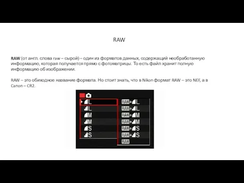 RAW RAW (от англ. слова raw – сырой) – один из форматов данных,