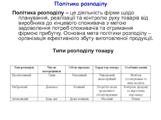 Політика розподілу Політика розподілу – це діяльність фірми щодо планування,