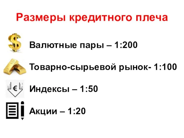 Размеры кредитного плеча Валютные пары – 1:200 Товарно-сырьевой рынок- 1:100 Индексы – 1:50 Акции – 1:20