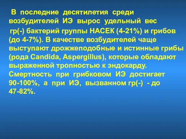 В последние десятилетия среди возбудителей ИЭ вырос удельный вес гр(-)