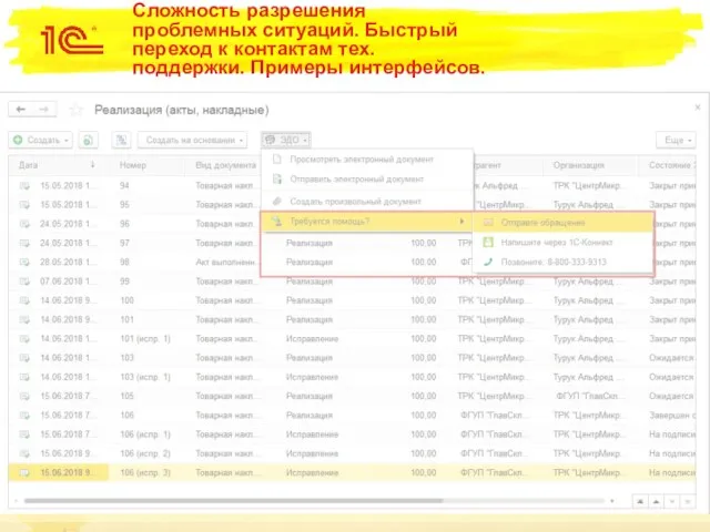 Сложность разрешения проблемных ситуаций. Быстрый переход к контактам тех. поддержки. Примеры интерфейсов.