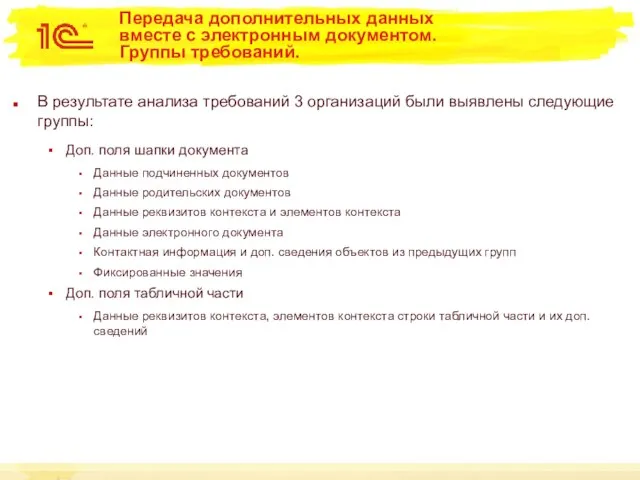 Передача дополнительных данных вместе с электронным документом. Группы требований. В