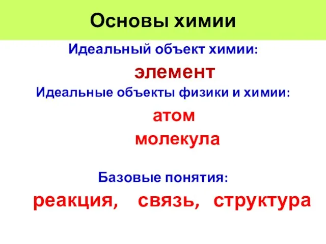 Идеальный объект химии: элемент Идеальные объекты физики и химии: атом