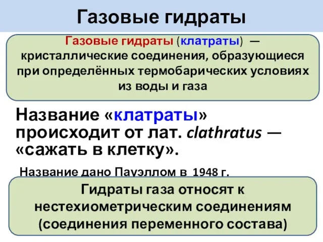 Газовые гидраты Название «клатраты» происходит от лат. clathratus — «сажать