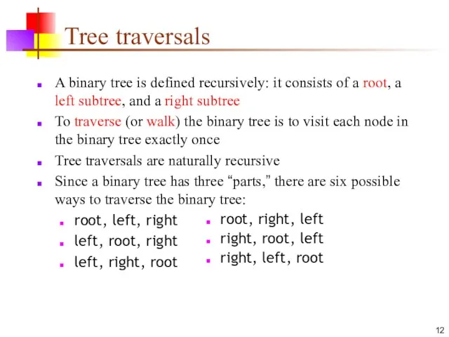 Tree traversals A binary tree is defined recursively: it consists