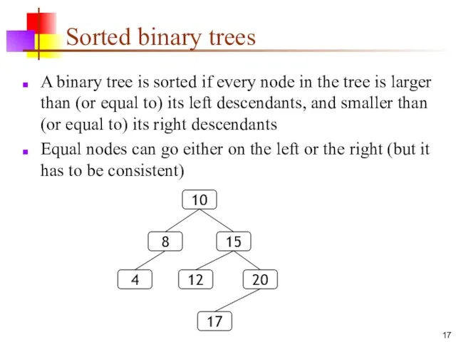 Sorted binary trees A binary tree is sorted if every