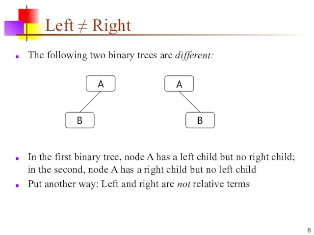 Left ≠ Right The following two binary trees are different: