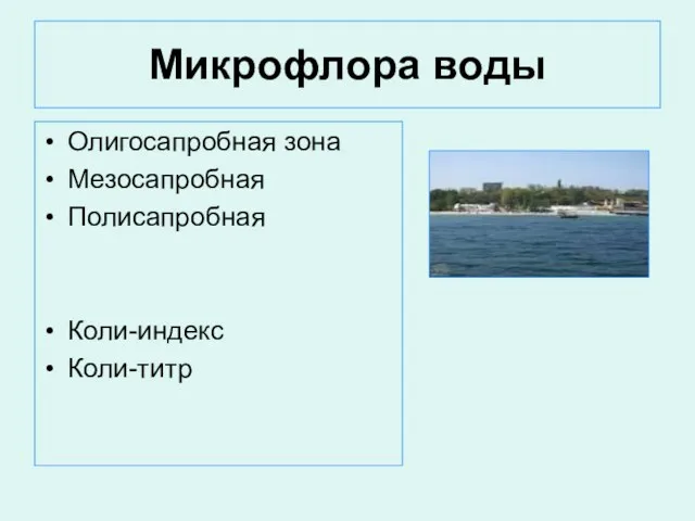 Микрофлора воды Олигосапробная зона Мезосапробная Полисапробная Коли-индекс Коли-титр