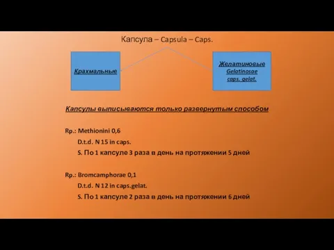 Капсула – Capsula – Caps. Капсулы выписываются только развернутым способом Rp.: Methionini 0,6