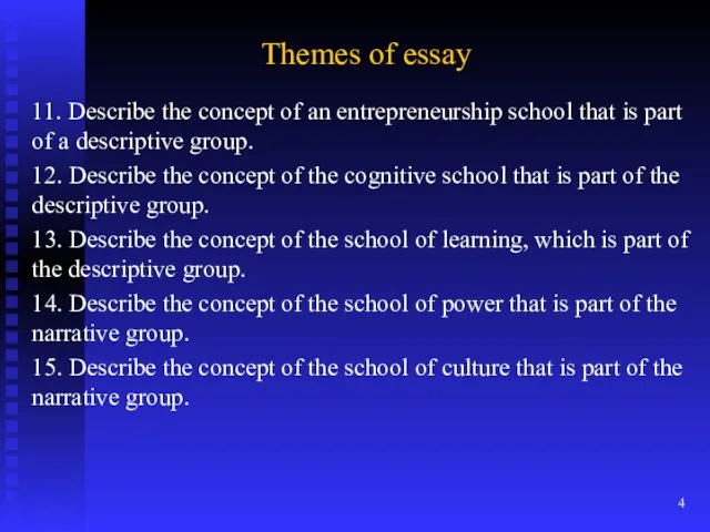 Themes of essay 11. Describe the concept of an entrepreneurship