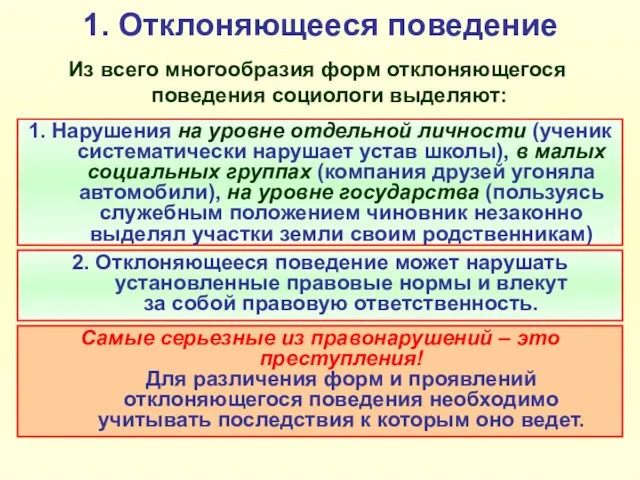 1. Отклоняющееся поведение Из всего многообразия форм отклоняющегося поведения социологи