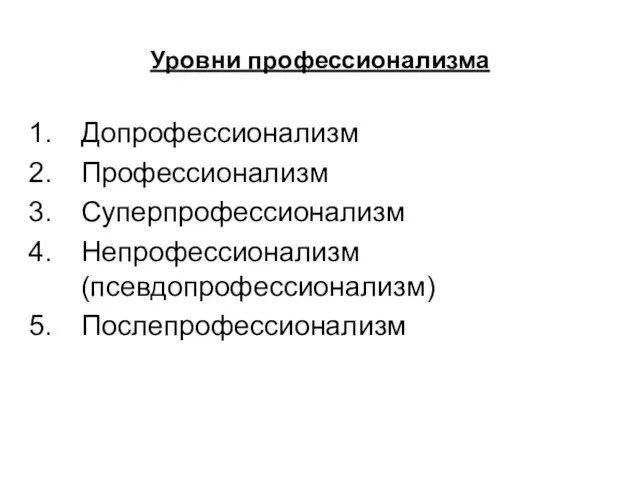 Уровни профессионализма Допрофессионализм Профессионализм Суперпрофессионализм Непрофессионализм (псевдопрофессионализм) Послепрофессионализм