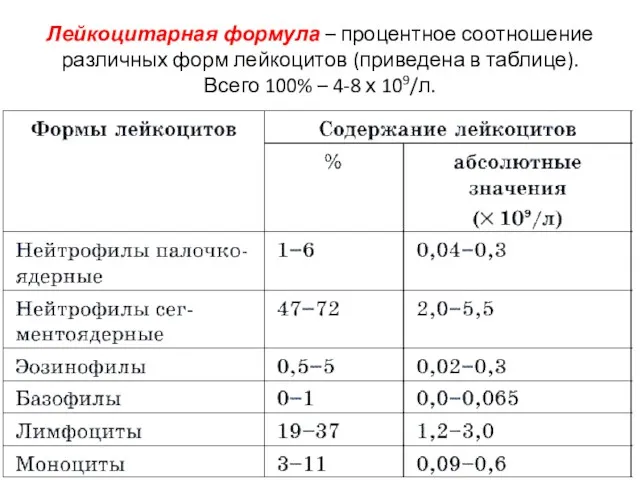 Лейкоцитарная формула – процентное соотношение различных форм лейкоцитов (приведена в таблице). Всего 100%