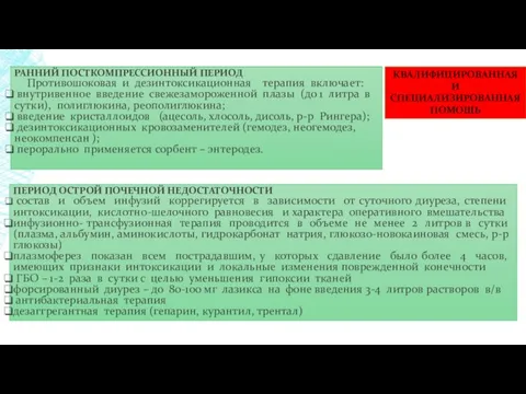 КВАЛИФИЦИРОВАННАЯ И СПЕЦИАЛИЗИРОВАННАЯ ПОМОЩЬ РАННИЙ ПОСТКОМПРЕССИОННЫЙ ПЕРИОД Противошоковая и дезинтоксикационная