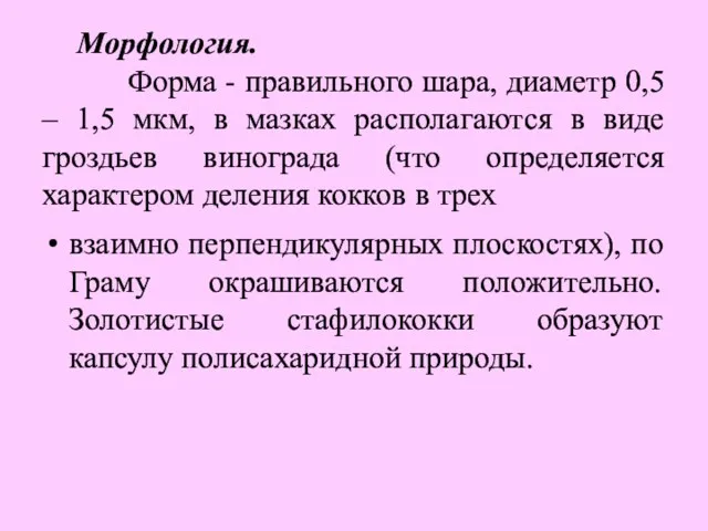 Морфология. Форма - правильного шара, диаметр 0,5 – 1,5 мкм,