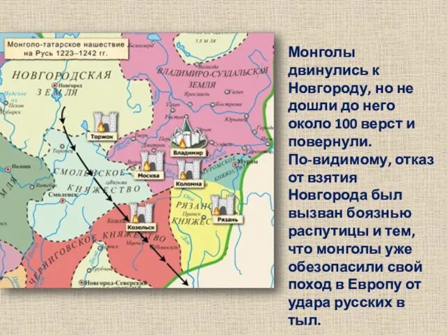 Монголы двинулись к Новгороду, но не дошли до него около 100 верст и