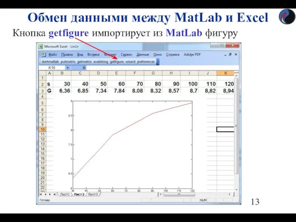 Кнопка getfigure импортирует из MatLab фигуру Обмен данными между MatLab и Excel