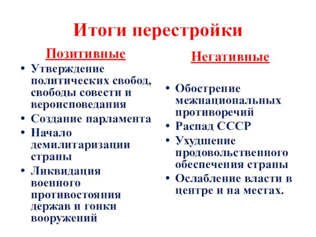 Итоги перестройки Позитивные Утверждение политических свобод, свободы совести и вероисповедания