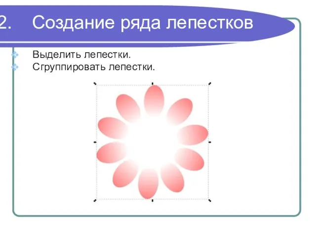 Создание ряда лепестков Выделить лепестки. Сгруппировать лепестки.