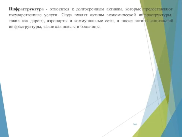 Инфраструктура - относится к долгосрочным активам, которые предоставляют государственные услуги. Сюда входят активы