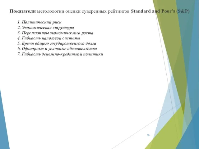 Показатели методологии оценки суверенных рейтингов Standard and Poor’s (S&P) 1. Политический риск 2.