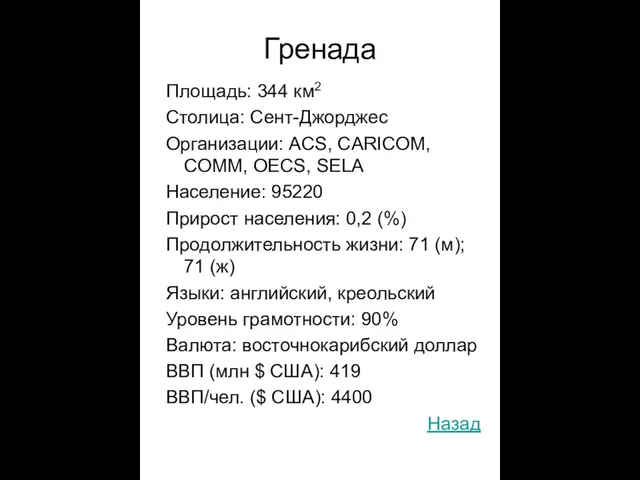 Гренада Площадь: 344 км2 Столица: Сент-Джорджес Организации: ACS, CARICOM, COMM,