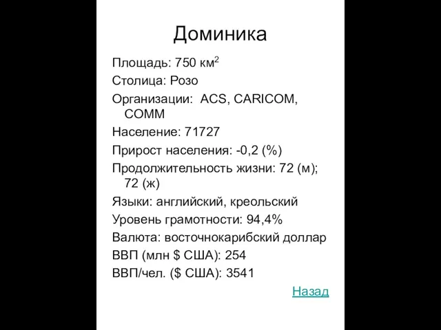 Доминика Площадь: 750 км2 Столица: Розо Организации: ACS, CARICOM, COMM