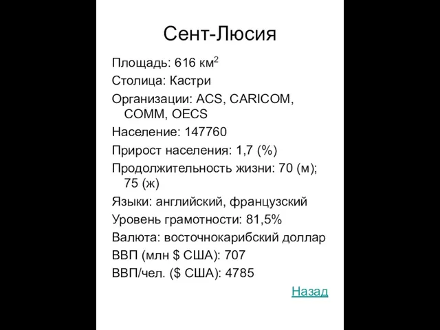 Сент-Люсия Площадь: 616 км2 Столица: Кастри Организации: ACS, CARICOM, COMM,