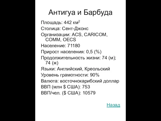 Антигуа и Барбуда Площадь: 442 км2 Столица: Сент-Джонс Организации: ACS,