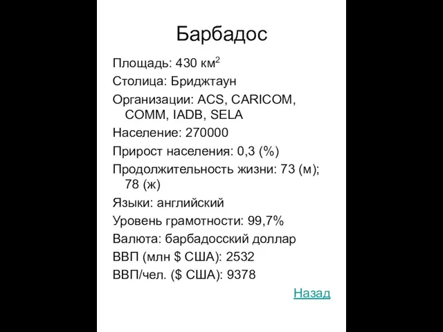 Барбадос Площадь: 430 км2 Столица: Бриджтаун Организации: ACS, CARICOM, COMM,