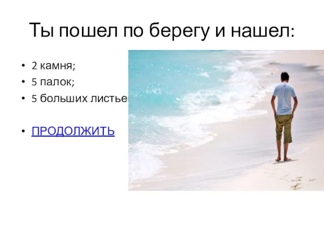 Ты пошел по берегу и нашел: 2 камня; 5 палок; 5 больших листьев. ПРОДОЛЖИТЬ