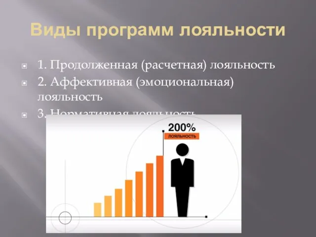 Виды программ лояльности 1. Продолженная (расчетная) лояльность 2. Аффективная (эмоциональная) лояльность 3. Нормативная лояльность