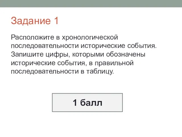 Задание 1 Расположите в хронологической последовательности исторические события. Запишите цифры,